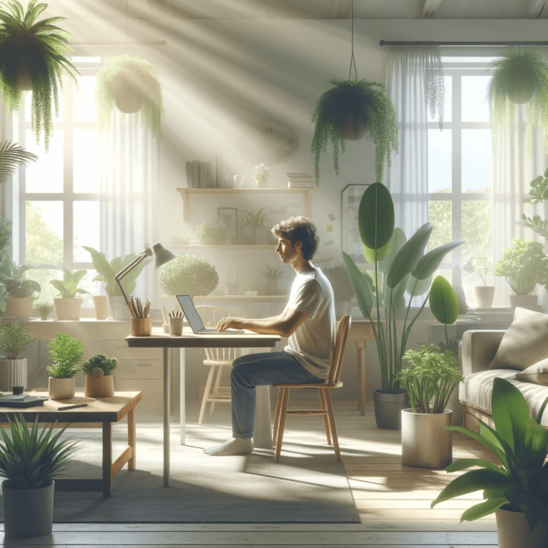 A-calm-person-working-in-a-bright-plant-filled-home-office-representing-the-stress-reducing-benefits-of-remote-work.