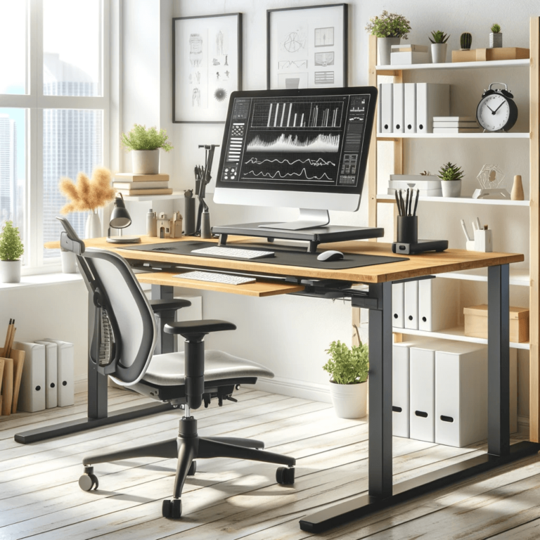 An ergonomic workstation with a standing desk, adjustable monitor, and an ergonomic keyboard and mouse, set in a bright, airy office environment