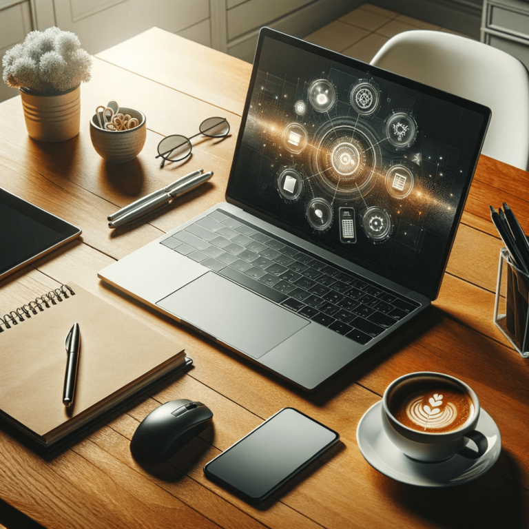 A modern home office setup illustrating remote work policies, featuring a laptop, notepad, and a cup of coffee