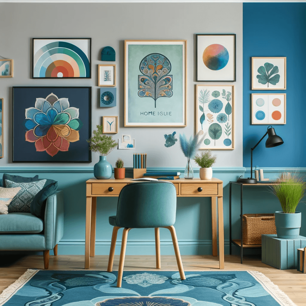 Productive home office space enhanced with calming colors and creative decor.